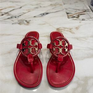 Tory Burch Limited Edition Red Leather Gold Logo Medallion Thong Sandals - Women